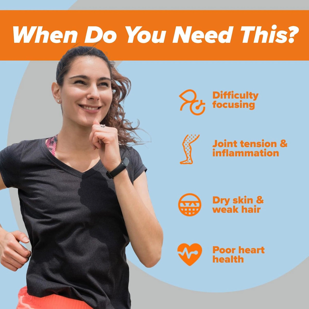 Omega 3 benefits - focus, joints, dry skin, hair and heart health