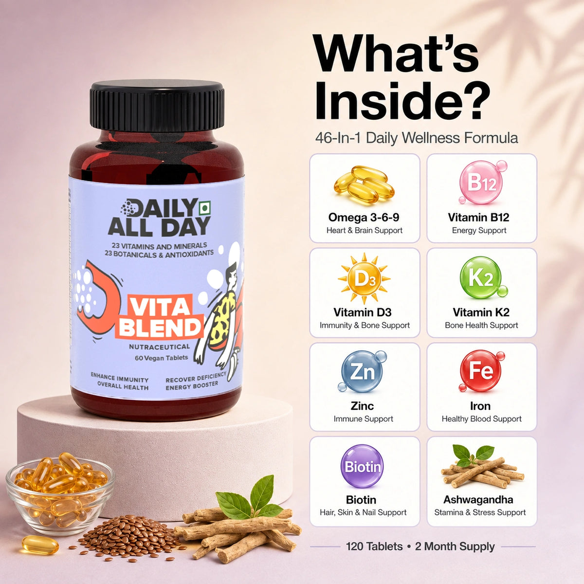 All in 1 vitamin - multivitamin tablets with omega 3 6 9, vitamin B12, D3, K2, zinc, iron and biotin