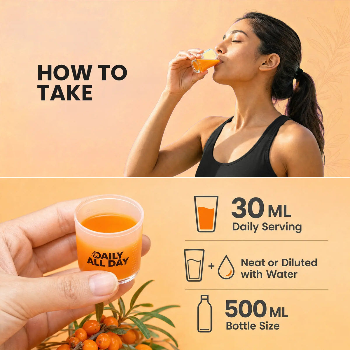 How to take sea buckthorn juice - 30ml daily, neat or with water
