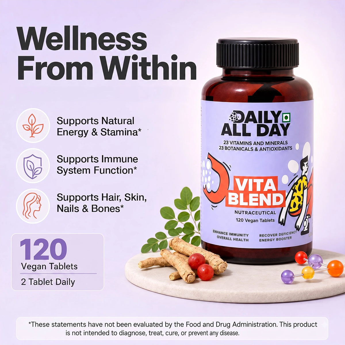 Ayurvedic multivitamin tablets with moringa and ashwagandha