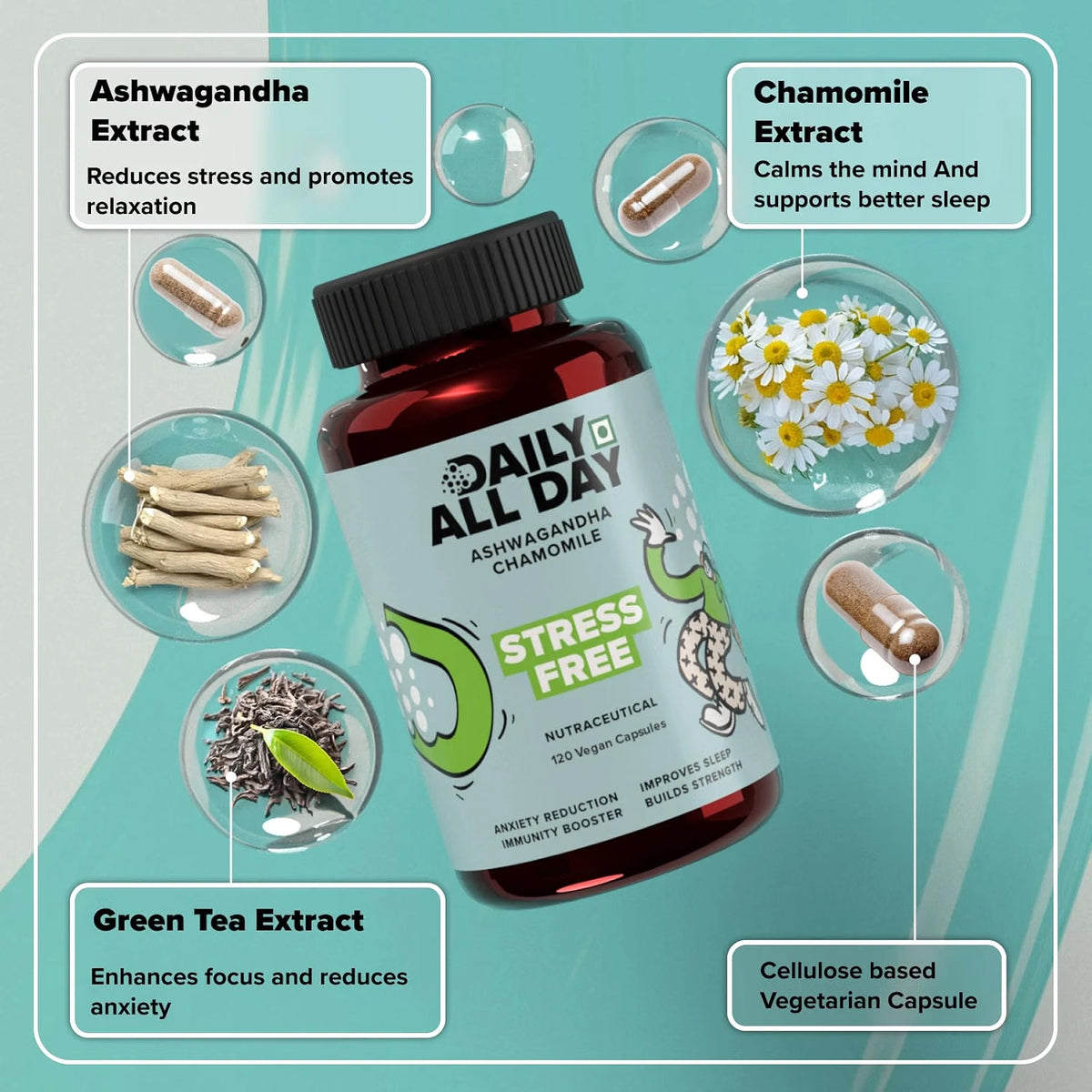 Ashwagandha extract, chamomile and green tea extract for stress relief and sleep