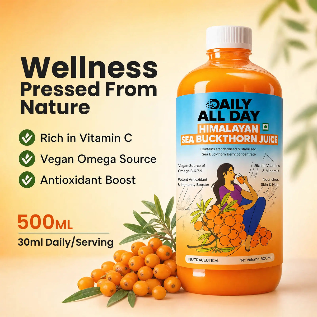 Sea buckthorn juice for glowing skin - rich in vitamin C and vegan omega