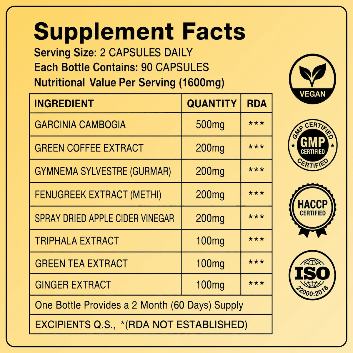 Garcinia cambogia supplement facts - gymnema (gurmar), methi, apple cider vinegar, triphala and ginger
