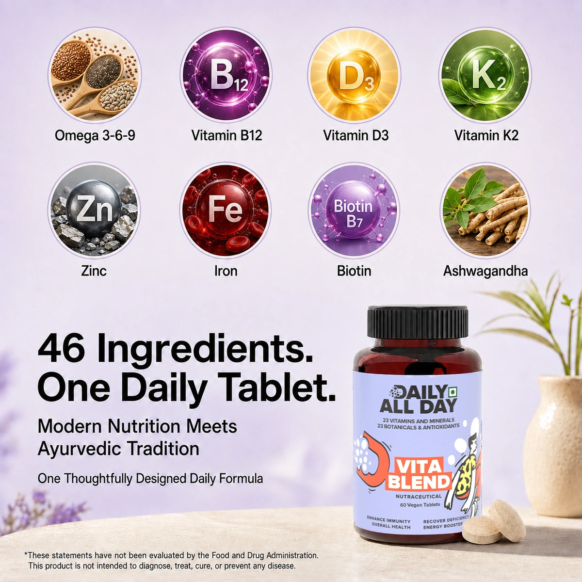 Multivitamin tablets with vitamin B12, vitamin D3, zinc, iron, biotin and ashwagandha