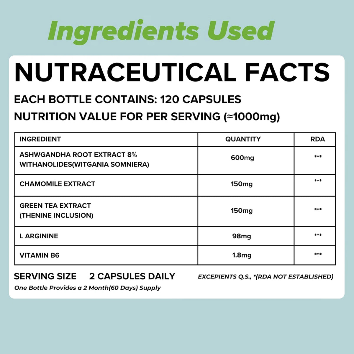 Ashwagandha tablets nutraceutical facts - ashwagandha root extract, chamomile, green tea, L-arginine and vitamin B6