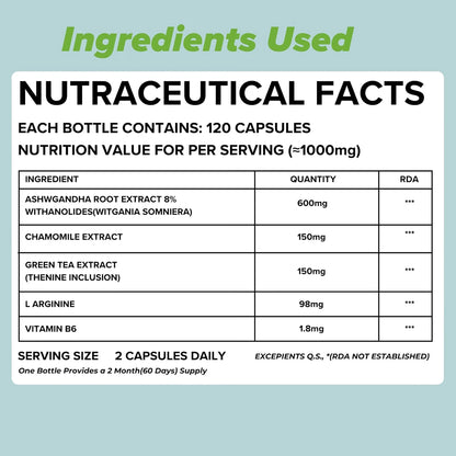 Ashwagandha tablets nutraceutical facts - ashwagandha root extract, chamomile, green tea, L-arginine and vitamin B6