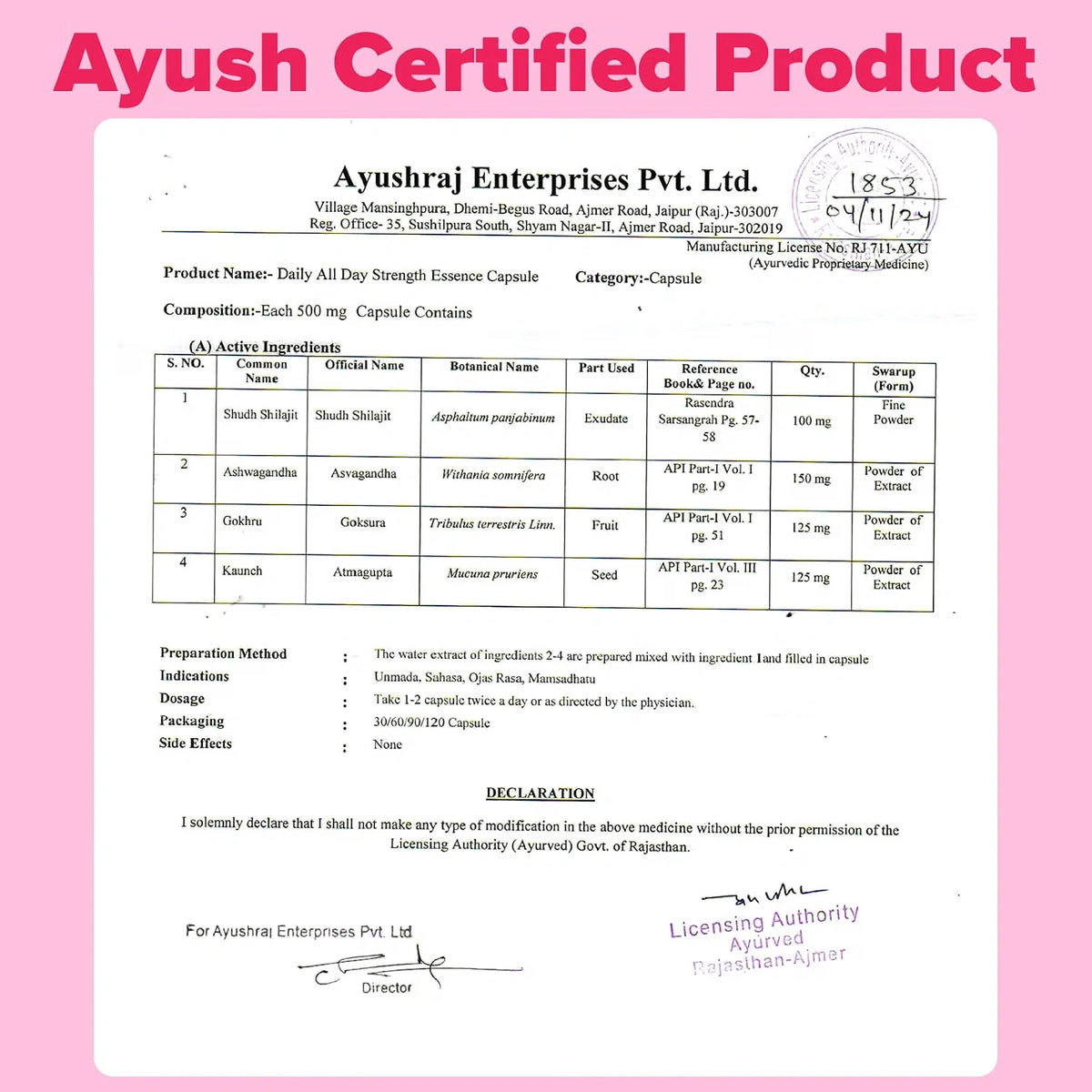AYUSH certified shilajit ashwagandha capsules licence