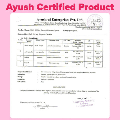 AYUSH certified shilajit ashwagandha capsules licence