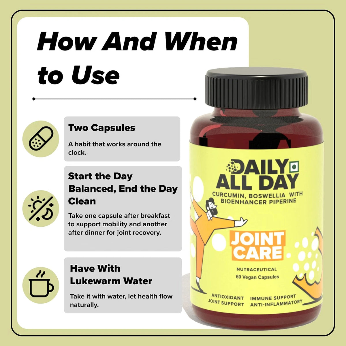 How to take turmeric capsules - 2 capsules daily with lukewarm water