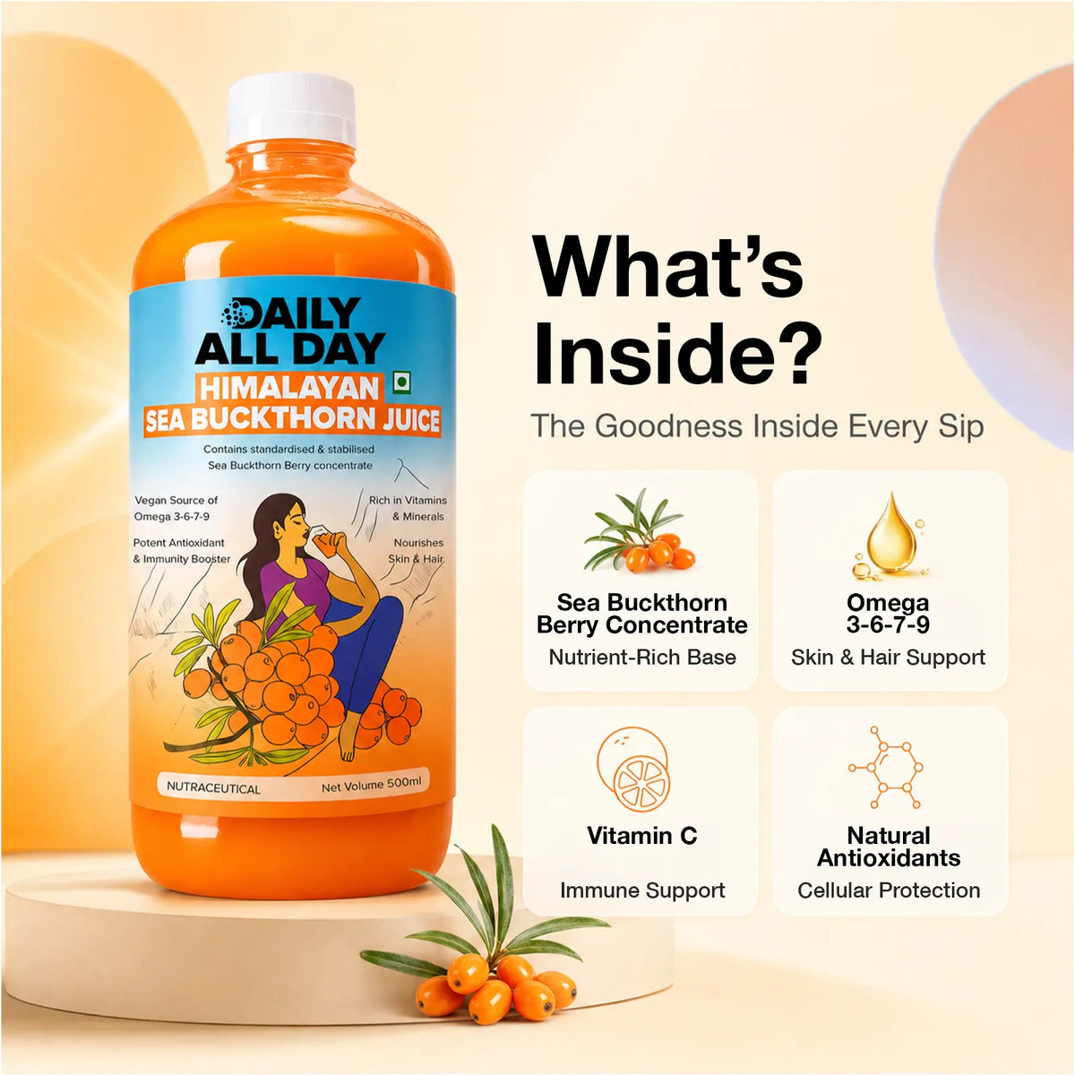 Sea buckthorn juice benefits - omega 3-6-7-9, vitamin C and antioxidants