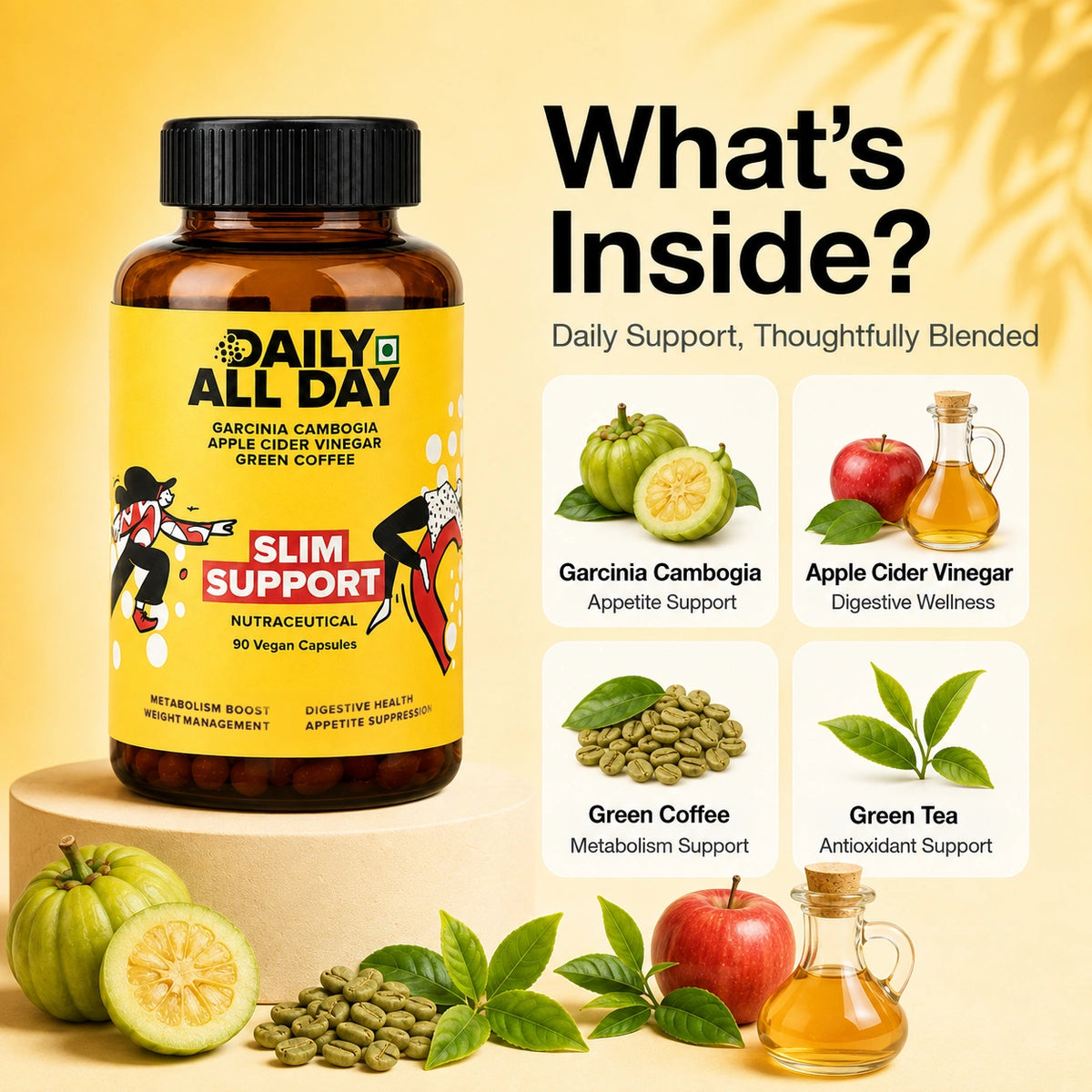 Apple cider vinegar capsules ingredients - garcinia cambogia, apple cider vinegar, green coffee and green tea