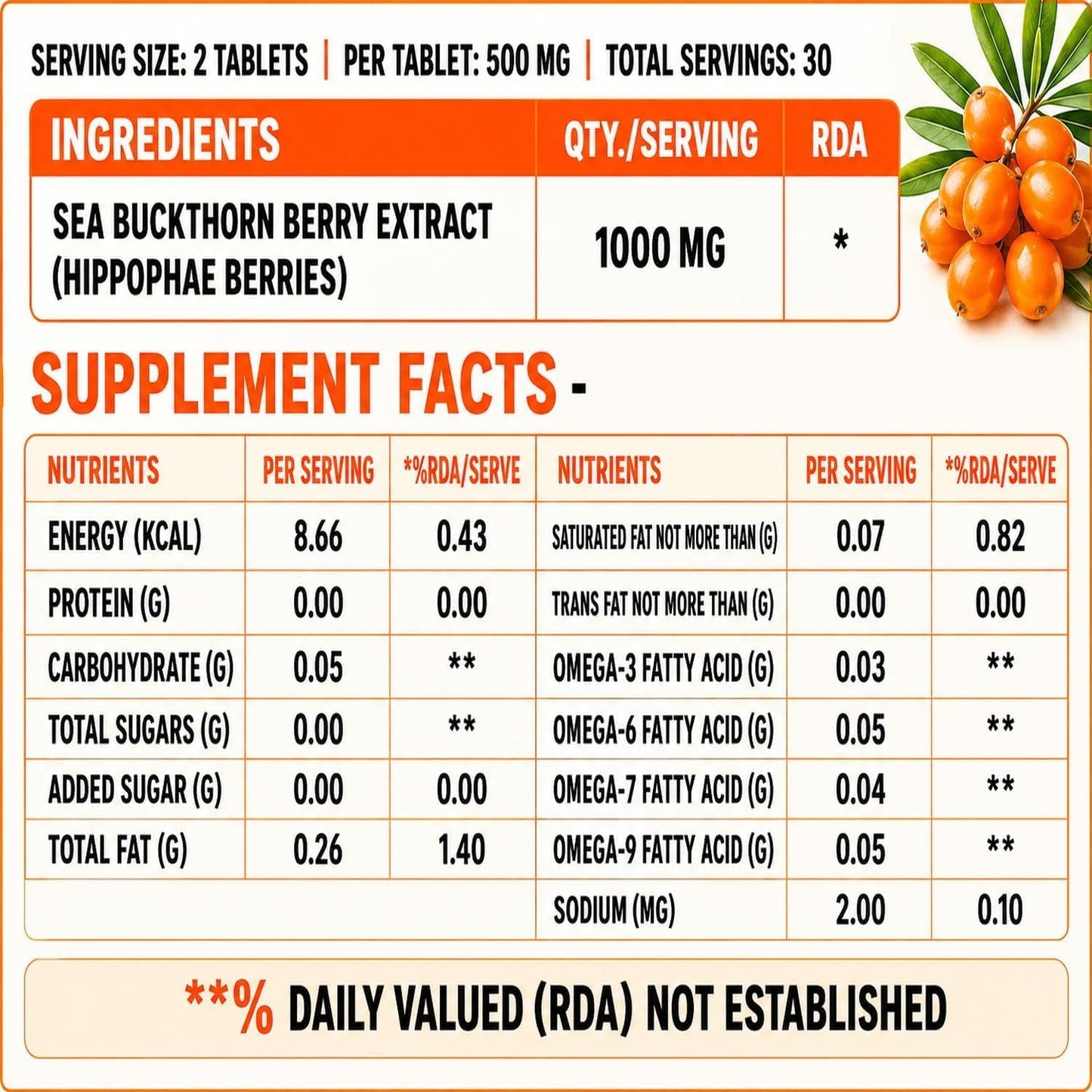Sea Buckthorn Tablets - Omega-3,6,7,9 & Antioxidants