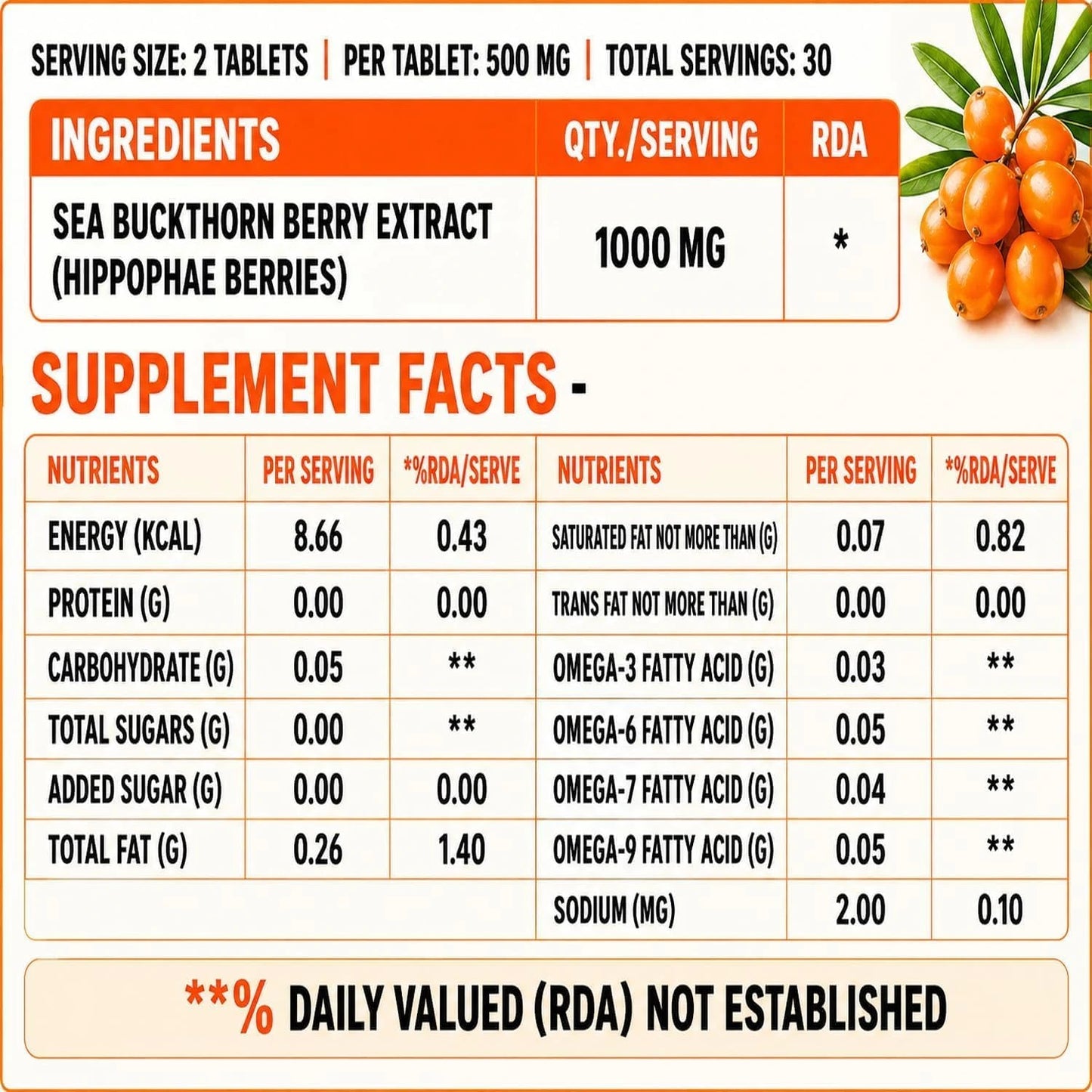 Sea Buckthorn Tablets 1000mg - Omega-3,6,7,9 & Antioxidants