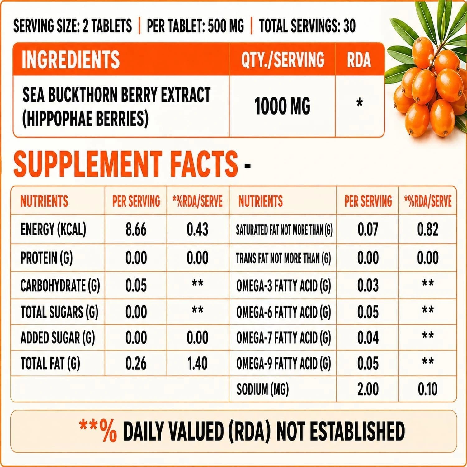 Sea Buckthorn Tablets 1000mg - Omega-3,6,7,9 & Antioxidants