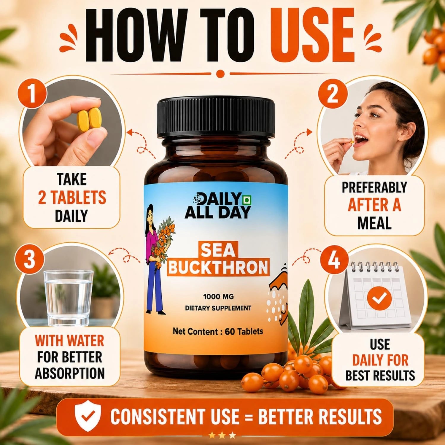 Sea Buckthorn Tablets 1000mg - Omega-3,6,7,9 & Antioxidants
