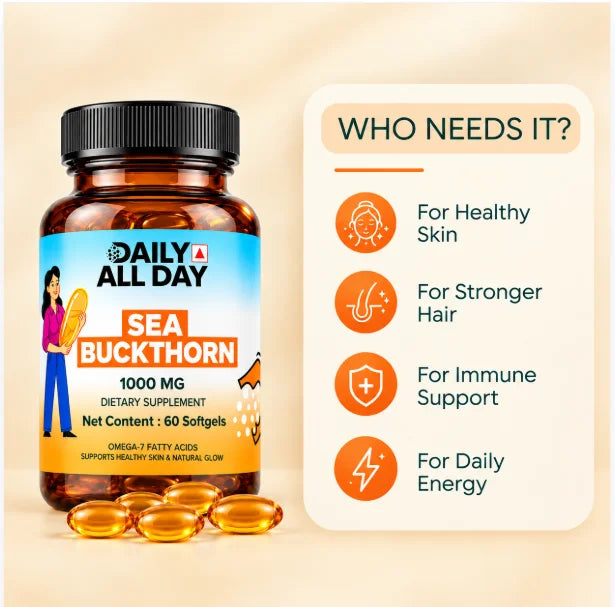 Sea buckthorn oil capsules benefits for skin, hair, immunity and energy