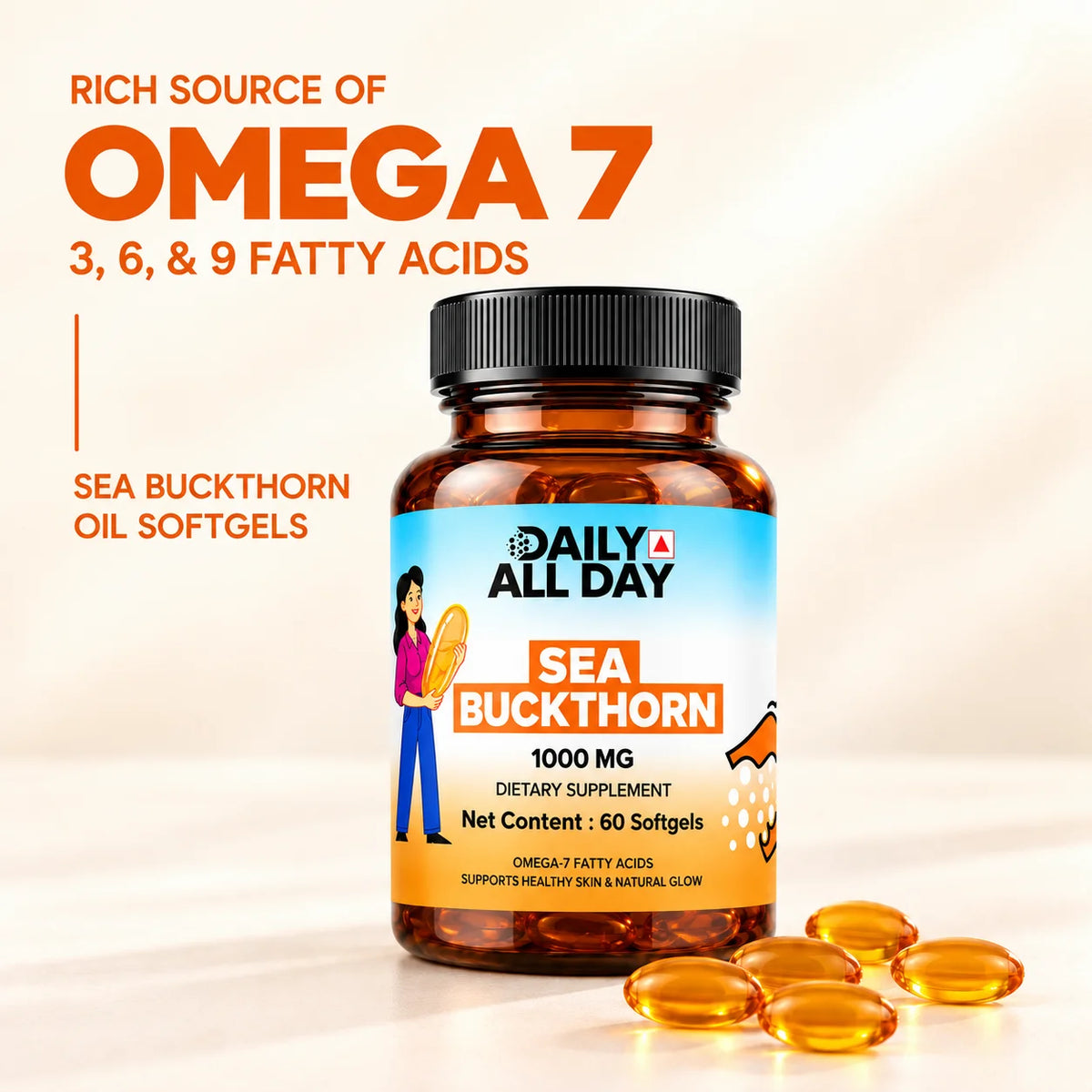 Omega 7 capsules with omega 3, 6 and 9 from sea buckthorn oil
