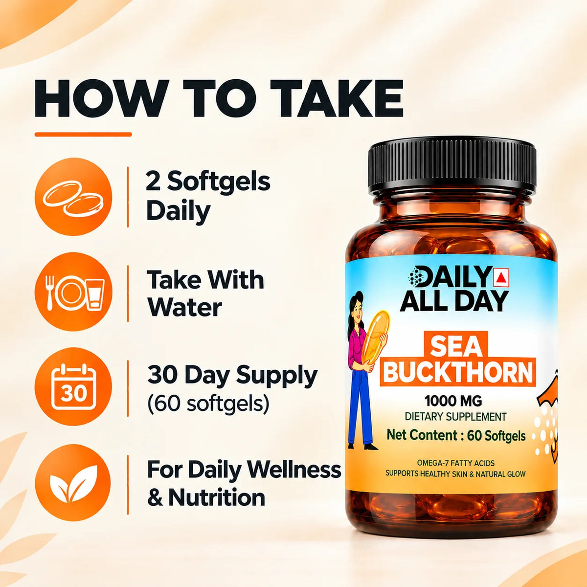 How to take sea buckthorn oil capsules, 2 softgels daily with water