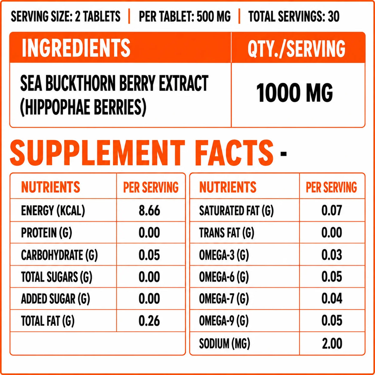 Sea buckthorn tablets supplement facts, 1000 mg berry extract per serving with omega 3, 6, 7 and 9