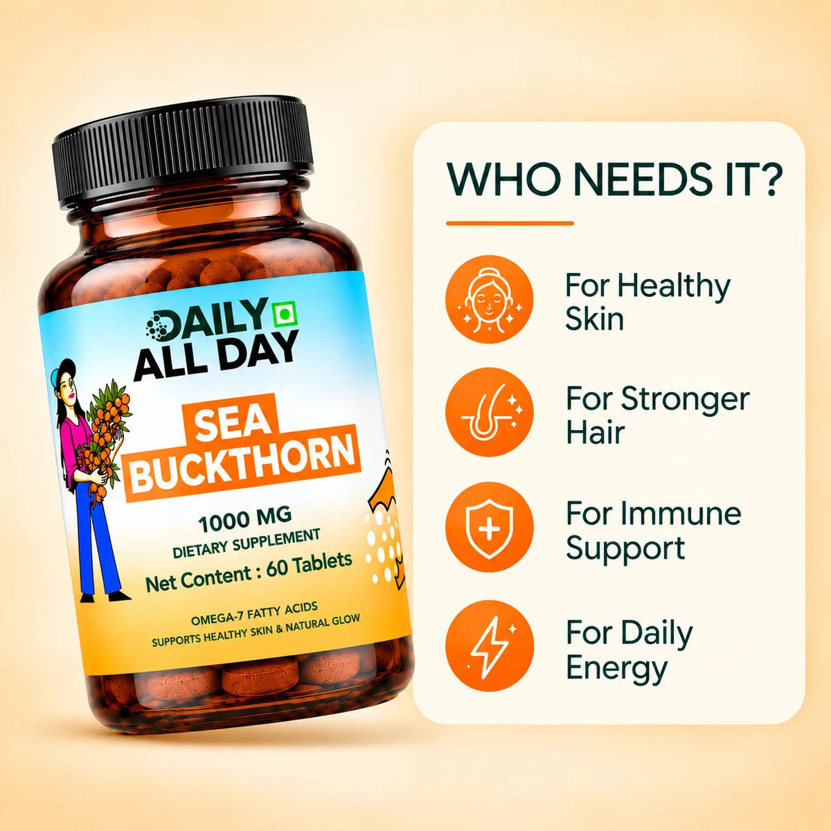 Sea buckthorn supplement for healthy skin, stronger hair, immunity and energy